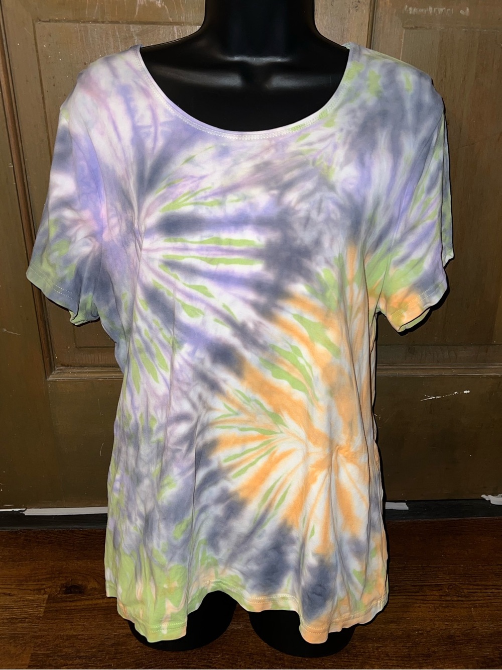 Halloween Tie-Dye Green Orange Double Spiral Short Sleeve Shirt Size XL Petite